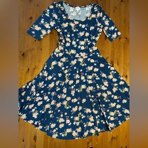 Lularoe cherry blossoms 🌸 and bird birds Nicole Dress M Navy Blue Dress flare